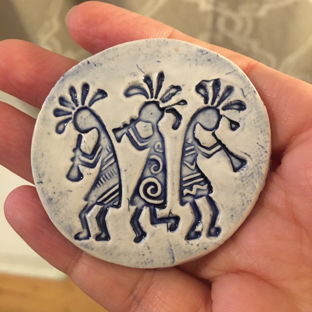 Artist signed Kokopelli glazed clay brooch